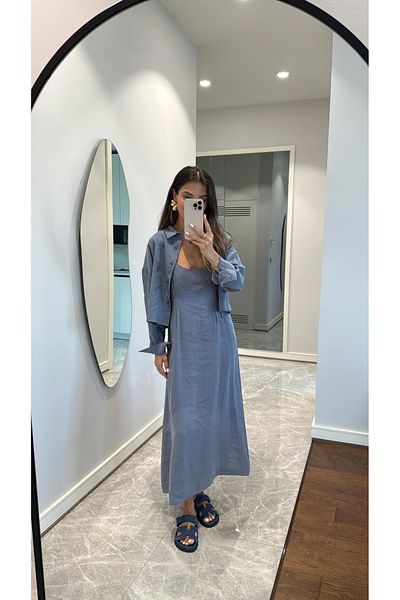 My Blog Blue - Gray Modal Shirt Dress Suit - 51153