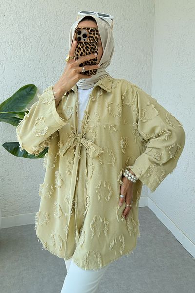 Salih Çelebi Kimono lung cu ciucuri 2334 - KHAKI DESCHIS