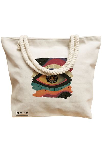 BEKZ Sacosa Textila Cu Fermoar, Geanta Tote, Model Beach Life 2 38 X 34.5 Cm, Alb, ®