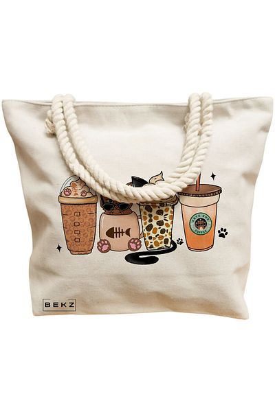 BEKZ Geanta de plaja, model Cats and Coffee 2, 40x51 cm, Crem, BEKZ®