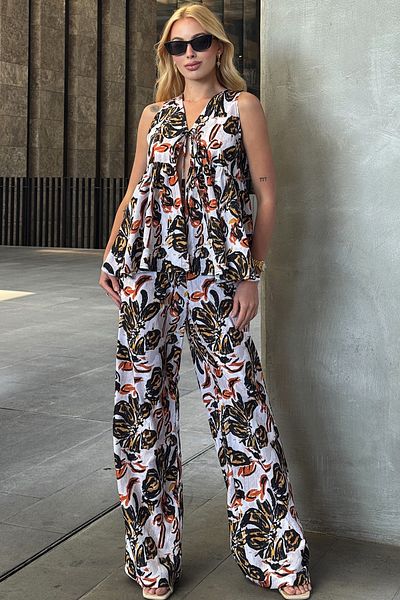 VAGGON Women's Ecru-Black Tie Detail Blouse and Elastic Waist Palazzo Pants Floral Patterned Suit Vs00203
