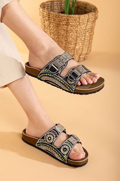 AlbiShoes Bloom Women's Eva Sole Comfort Stone Diamond Embroidered Slippers Double Strap Buckle Casual Slippers