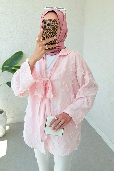 Salih Çelebi Tassel Detailed Long Kimono 2334 - Pink
