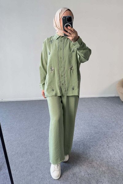 Hatun Atila Embroidered Shirt and Wide Leg Pants Suit 8839 - Green