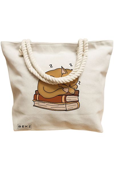BEKZ Geanta de plaja, model Cat Booky Life, 40x51 cm, Crem, BEKZ®