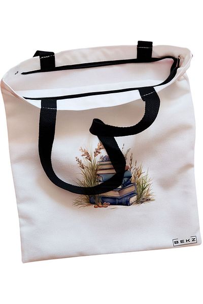 BEKZ Textile Bag With Zipper, Tote Bag, Abstract Connection Pattern, 38x34.5 Cm, ​​White, ®