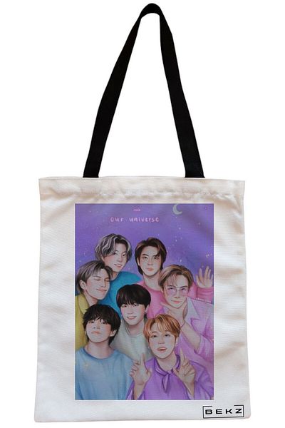 BEKZ Sacosa Textila Cu Fermoar, Geanta Tote, Model Bts Army 4, 38x34.5 Cm, Alba, ®