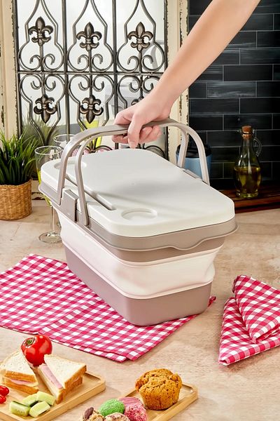 Destpak Folding Picnic Basket - with Table Cover - 2 Forks 2 Spoons - Space Saving Picnic Basket
