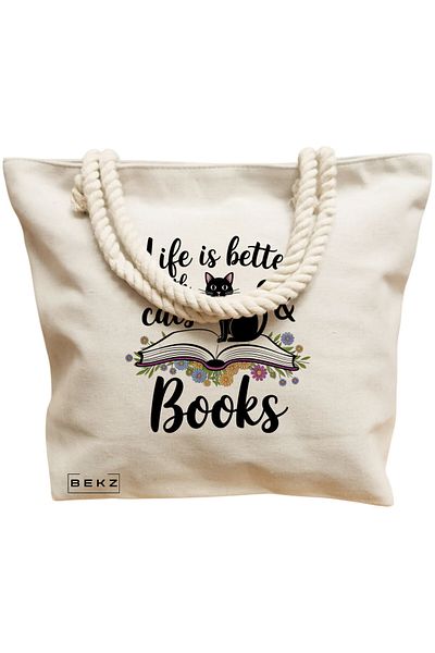 BEKZ Geanta de plaja, model Life is better with Cats and Books, 40x51 cm, Crem, BEKZ®