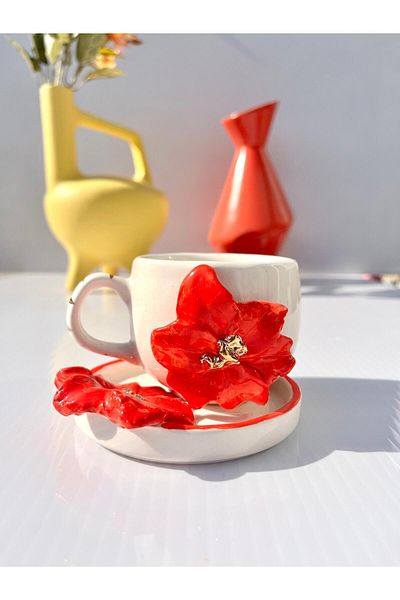 AYLEFE HOBBY Ceramic Coffee Cup with Flower Figure and 24K Gold Detail 120ml