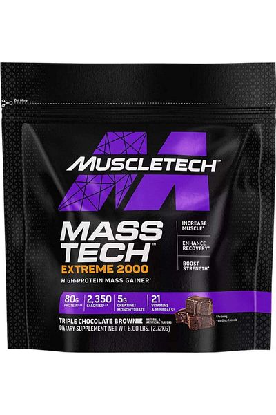 MUSCLETECH MassTech Extreme 2000, High Protein Mass Gainer, Triple Chocolate Brownie Flavor, 6Lbs