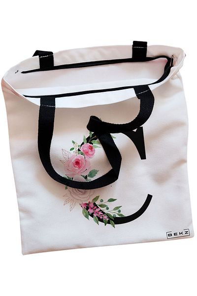 BEKZ Sacosa Textila Cu Fermoar, Geanta Tote, Cu Litera C Si Trandafiri, 38x34.5 Cm, Alba, ®