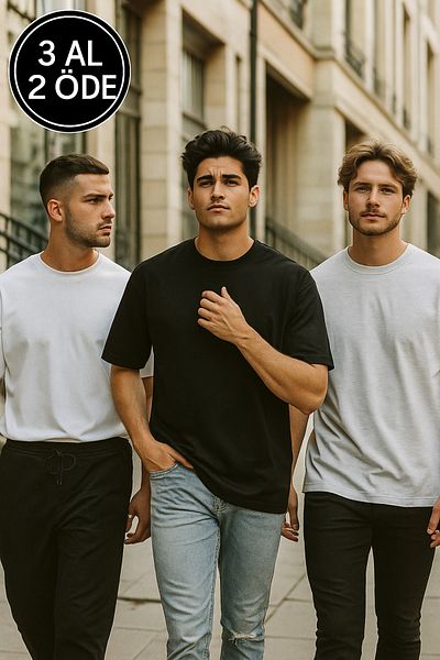Rich Men's 3-Pack Black-White-Grey Melange Cotton Oversized T-Shirt Crew Neck Short Sleeve T-Shirt
