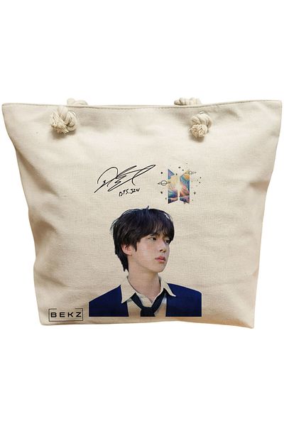 BEKZ Sacosa Textila Cu Fermoar, Geanta Tote, Model The Bookie Girl 20 38 X 34.5 Cm, Alb, ®
