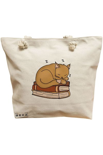 BEKZ Geanta de plaja, model Cat Booky Life, 40x51 cm, Crem, BEKZ®