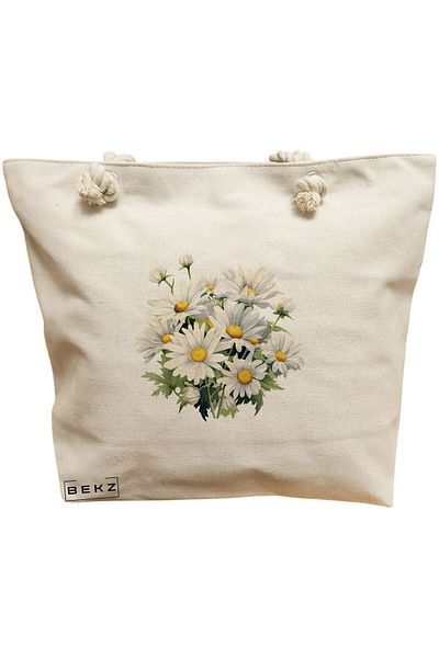 BEKZ Geanta de plaja, model Flower Bouquet 1, 40x51 cm, Crem, BEKZ®