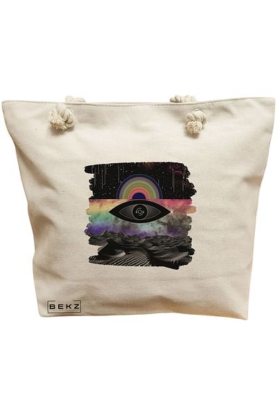 BEKZ Sacosa Textila Cu Fermoar, Geanta Tote, Model Caffeine Cat 28 38 X 34.5 Cm, Alb, ®