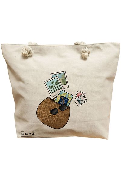 BEKZ Sacosa Textila Cu Fermoar, Geanta Tote, Model Flowers 2 38 X 34.5 Cm, Alb, ®