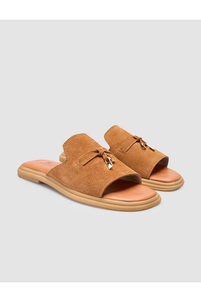 Cabani Papuci de damă 100% piele naturală din piele intoarsa maronie