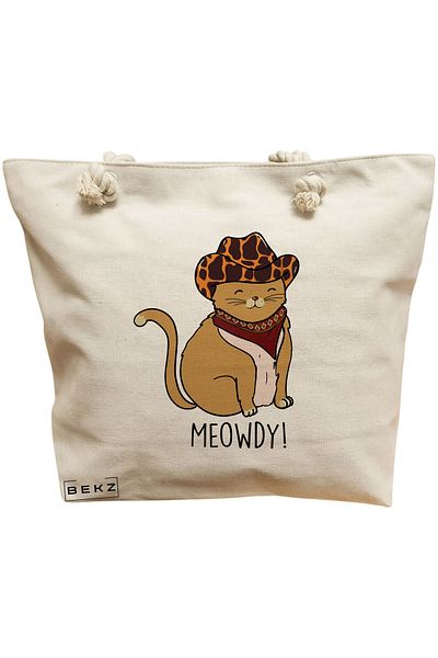 BEKZ Geanta de plaja, model Meowdy, 40x51 cm, Crem, BEKZ®
