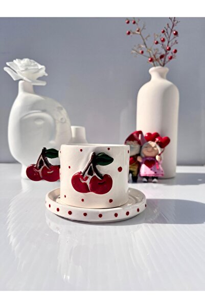 AYLEFE HOBBY Cherry Detailed Handmade Ceramic Mug 120ml