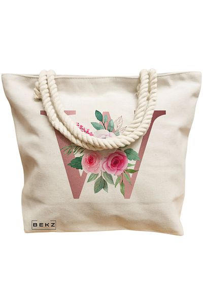 BEKZ Beach Bag, With Letter W Rose Gold and Roses, 40x51 cm, Cream, BEKZ®