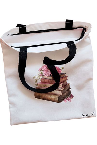 BEKZ Sacosa Textila Cu Fermoar, Geanta Tote, Model The Music Girl, 38x34.5 Cm, Alba, ®
