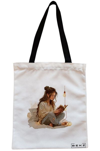 BEKZ Sacosa Textila Cu Fermoar, Geanta Tote, Model The Bouquet, 38x34.5 Cm, Alba, ®