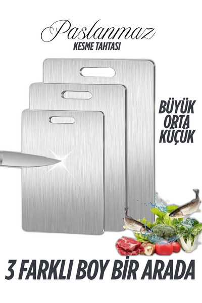 CAVELLA Set of 3 Stainless Steel Cutting Boards, Antibacterial Surface, Long-...