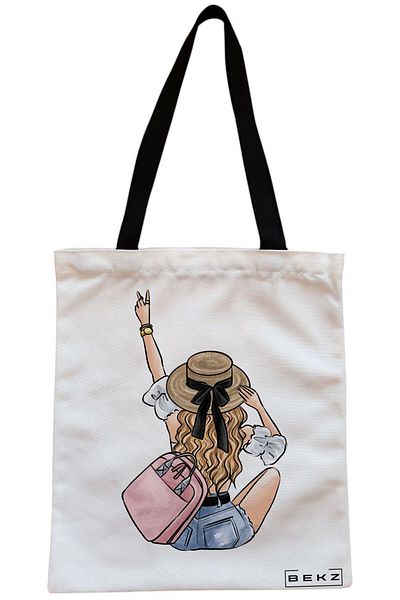 BEKZ Sacosa Textila Cu Fermoar, Geanta Tote Travel Girl 7, 38x34.5 Cm, Alba, ®