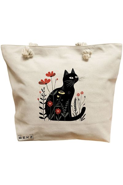 BEKZ Geanta de plaja, model Cat and Flowers 3, 40x51 cm, Crem, BEKZ®