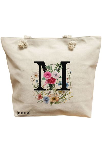 BEKZ Sacosa Textila Cu Fermoar, Geanta Tote, Model Sun Faces 10 38 X 34.5 Cm, Alb, ®