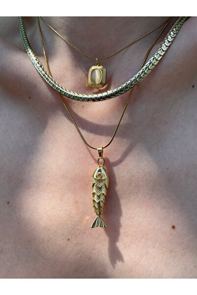 Hora Zirkon Göz Detaylı Gold Çelik Balık Kolye