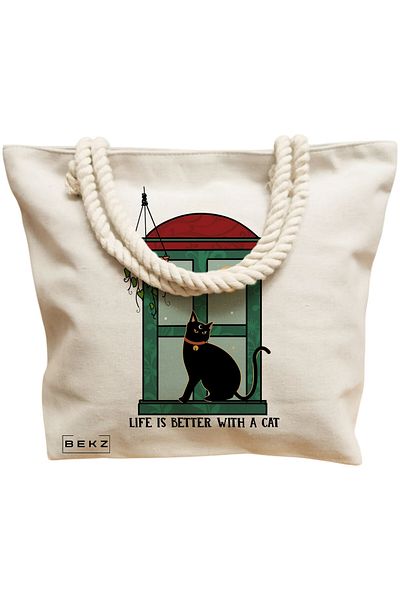 BEKZ Beach bag, Life is Better With a Cat pattern, 40x51 cm, Cream, BEKZ®