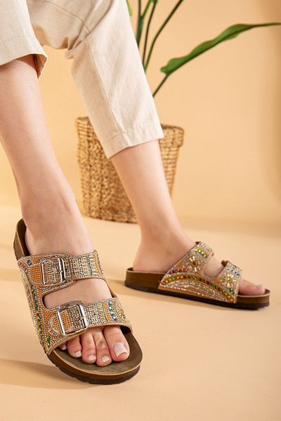 AlbiShoes Bloom Women Eva Sole Comfort Stone Diamond Κεντημένες Παντόφλες Παντόφλες με διπλό λουράκι με αγκράφα