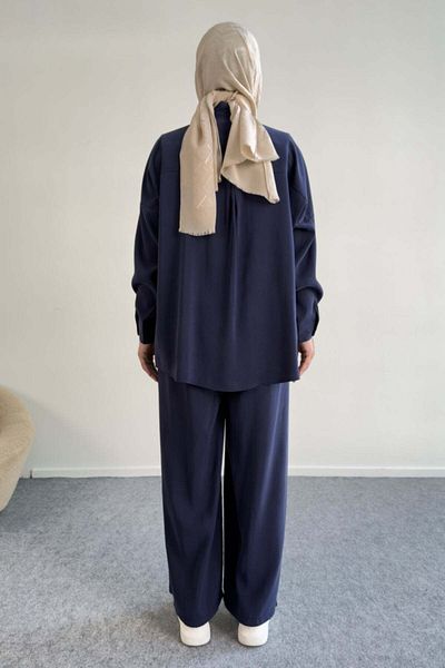Hatun Atila Embroidered Shirt and Wide Leg Pants Suit 8839 - Navy Blue