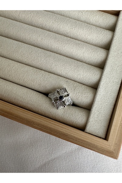 ringbox Gümüş Renkli Lacivert Taşlı Vintage Serçe Parmak Yüzüğü