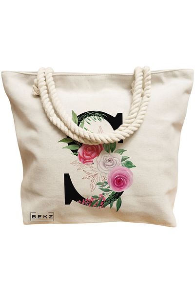 BEKZ Sacosa Textila Cu Fermoar, Geanta Tote, Model Flowers 15 38 X 34.5 Cm, Alb, ®
