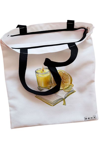 BEKZ Textile Bag With Zipper, Tote Bag, With Letter Q And Mandala, 38x34.5 Cm, ​​White, ®