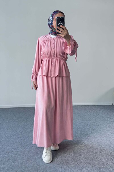 Hatun Atila Set cămașă și fustă cu șnur și straturi 8025 - roz