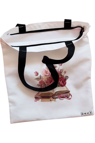BEKZ Sacosa Textila Cu Fermoar, Geanta Tote, Model Lazy Cat, 38x34.5 Cm, Alba, ®