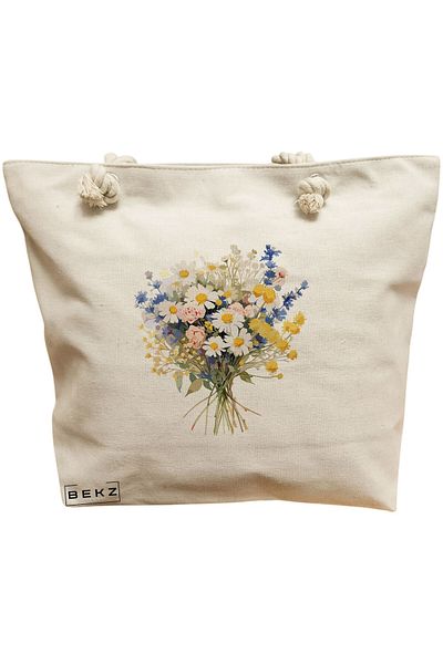 BEKZ Geanta de plaja, model Flower Bouquet 6, 40x51 cm, Crem, BEKZ®