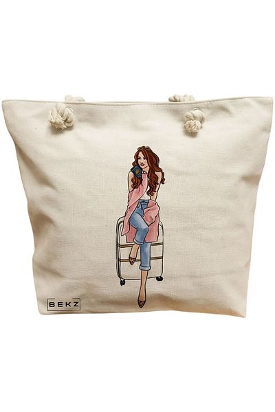 BEKZ Sacosa Textila Cu Fermoar, Geanta Tote, Model Foxy And Books 2 38 X 34.5 Cm, Alb, ®