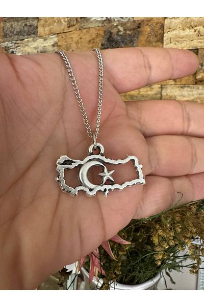 Herşey Nota Türkiye Map and Moon Star Figured Necklace – Silver Color Unisex Metal Design with 60 cm Chain