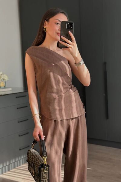FMN Collection Summer Drape Detail Single Sleeve Asymmetrical Linen Fabric Stylish Casual Suit with Wide Leg Pants