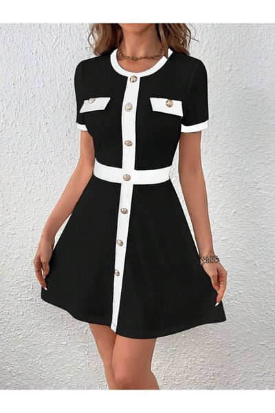 Masspera Crew Neck Short Sleeve Button Pocket Detail Double Color Mini Dress