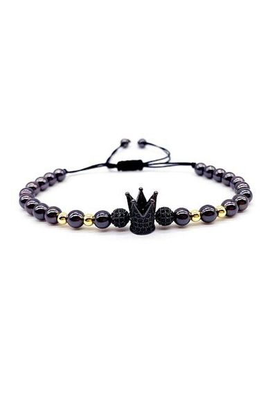 Tessero Brățară cu mărgele din oțel inoxidabil, model unisex de lux cu coroană, placată cu aur de 18K și negru