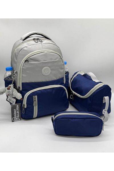 GirayCollection First School Bag Set of 3 Unisex Children's Primary School Bag Gry-8010 Grey-Navy Blue