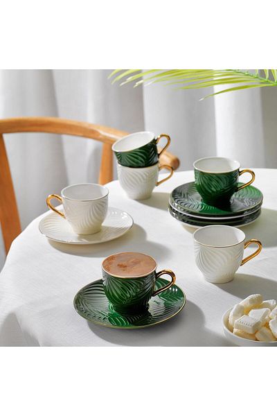 Altabi Glossy 6-Person Coffee Cup Set Porcelain White/Green Combination Set