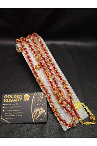 Han Ticarethane Red Color Gold Leafed 99 Airplane Glass Prayer Beads